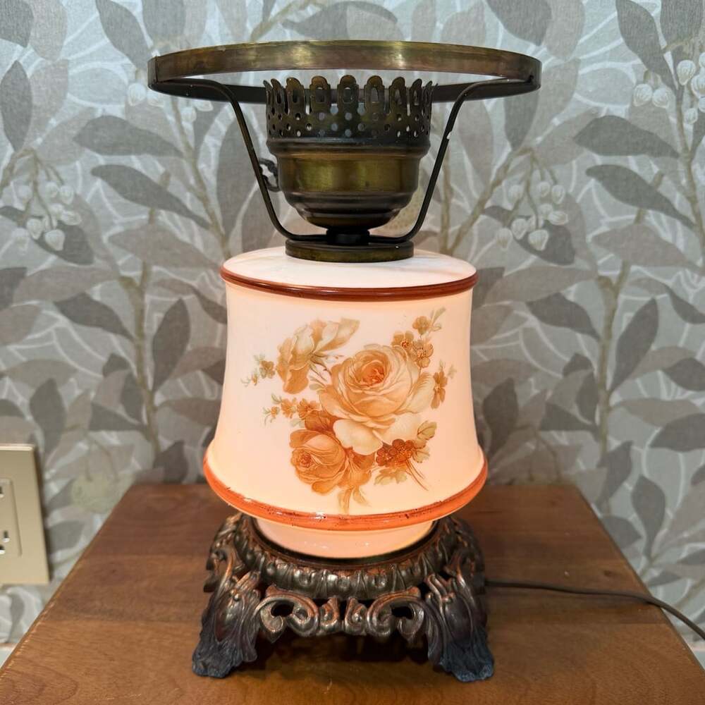 Vintage L&L WMC Milk Glass Floral Hurricane Table Lamp